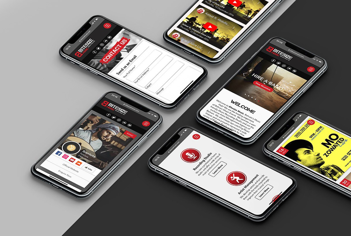 Bitesize Music website by Reform Digital, mockup on multiple mobiles