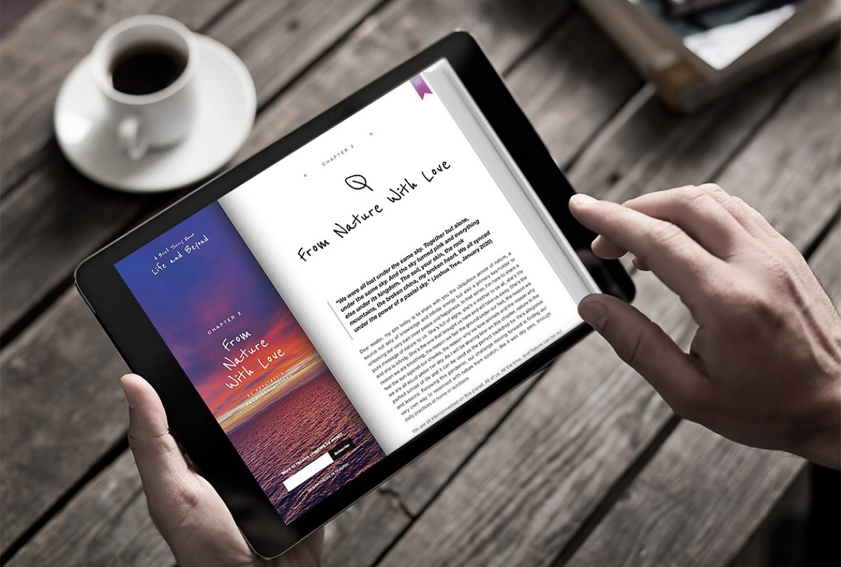 A Brief Theory About Life and Beyond digital e-book website by Reform Digital, mockup of reading experience on tablet