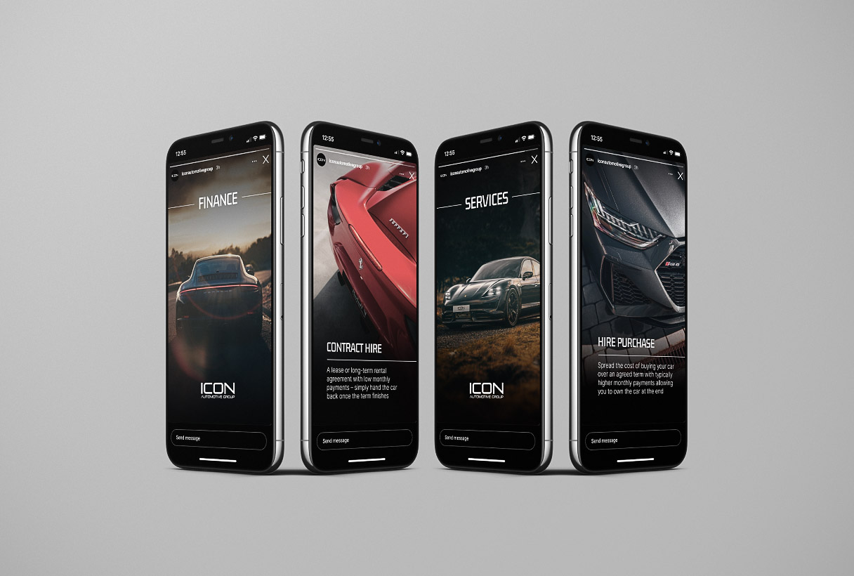 ICON Automotive social media content and marketing by Reform Digital, mockup on 4 mobiles