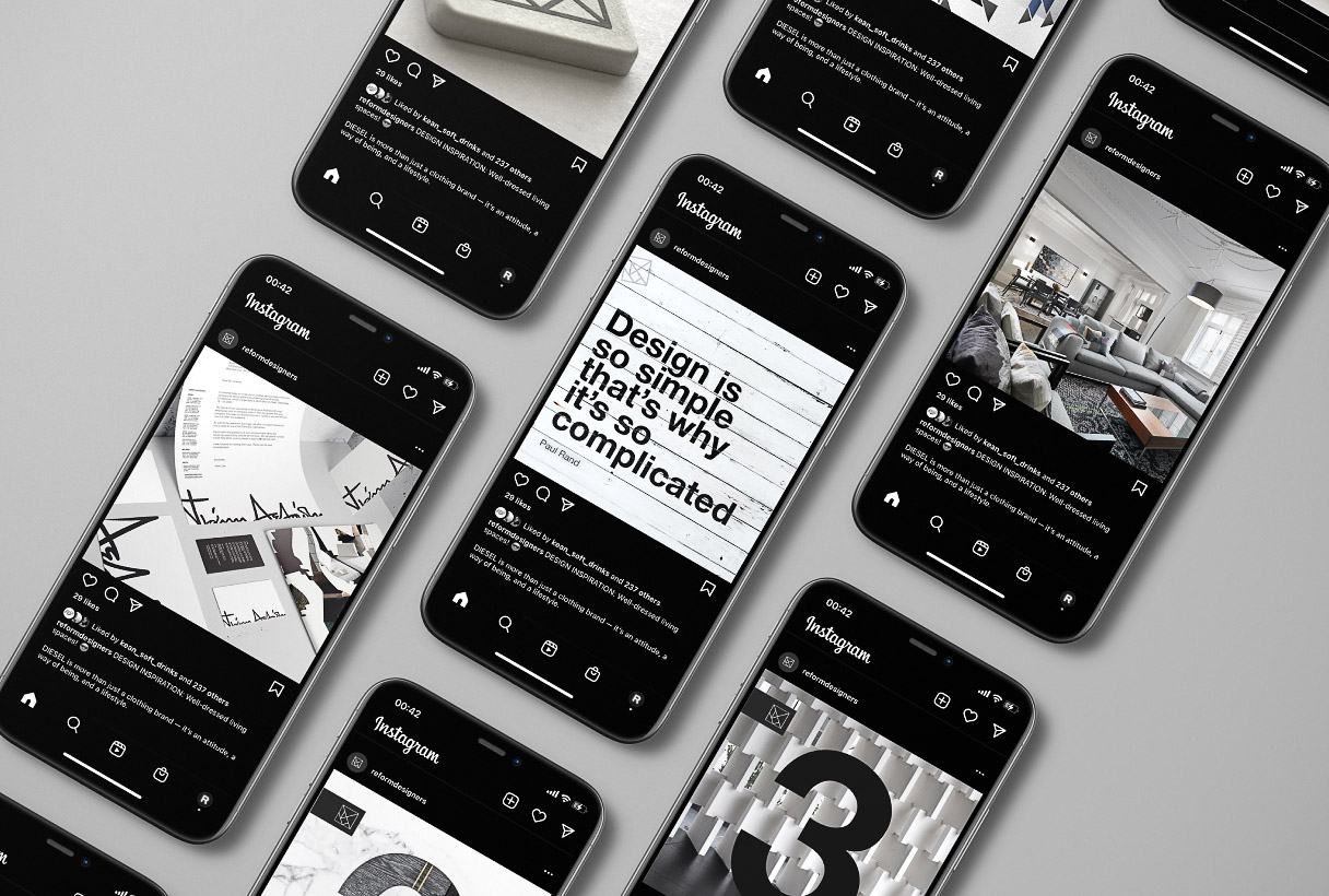 Reform Designers social media marketing by Reform Digital, mockup on multiple mobiles