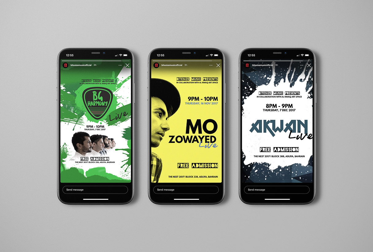 Bitesize Music social media marketing by Reform Digital, content mockup on 3 mobiles