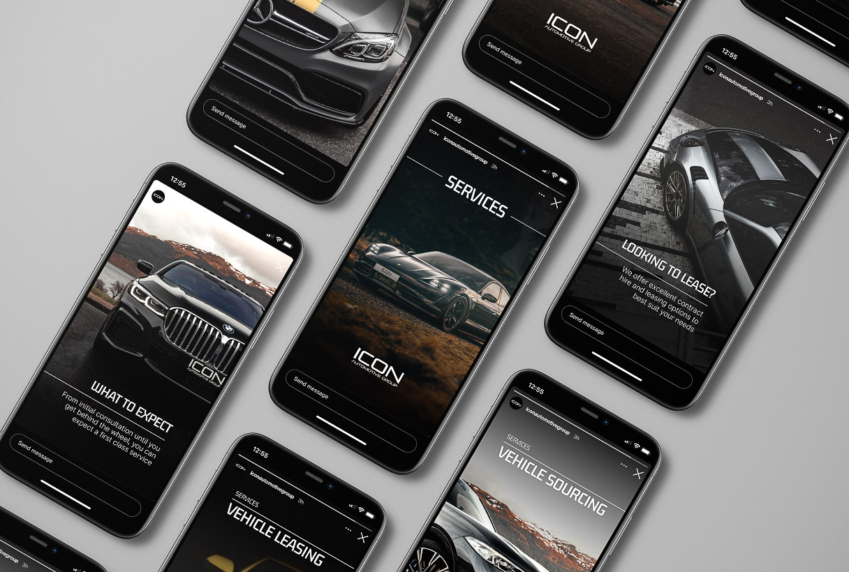 ICON Automotive social media content and marketing by Reform Digital, mockup on several mobiles