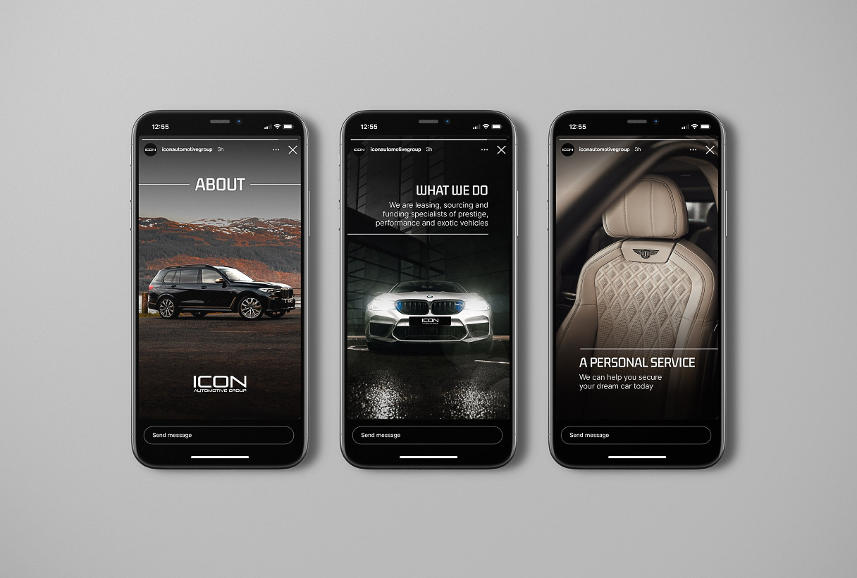ICON Automotive social media content and marketing by Reform Digital, mockup on 3 mobiles