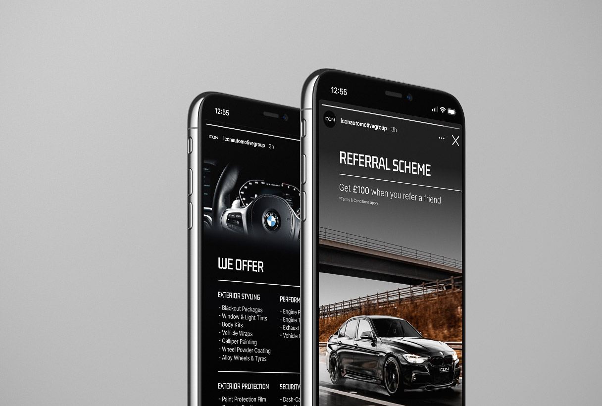 ICON Automotive social media content and marketing by Reform Digital, mockup on 2 mobiles
