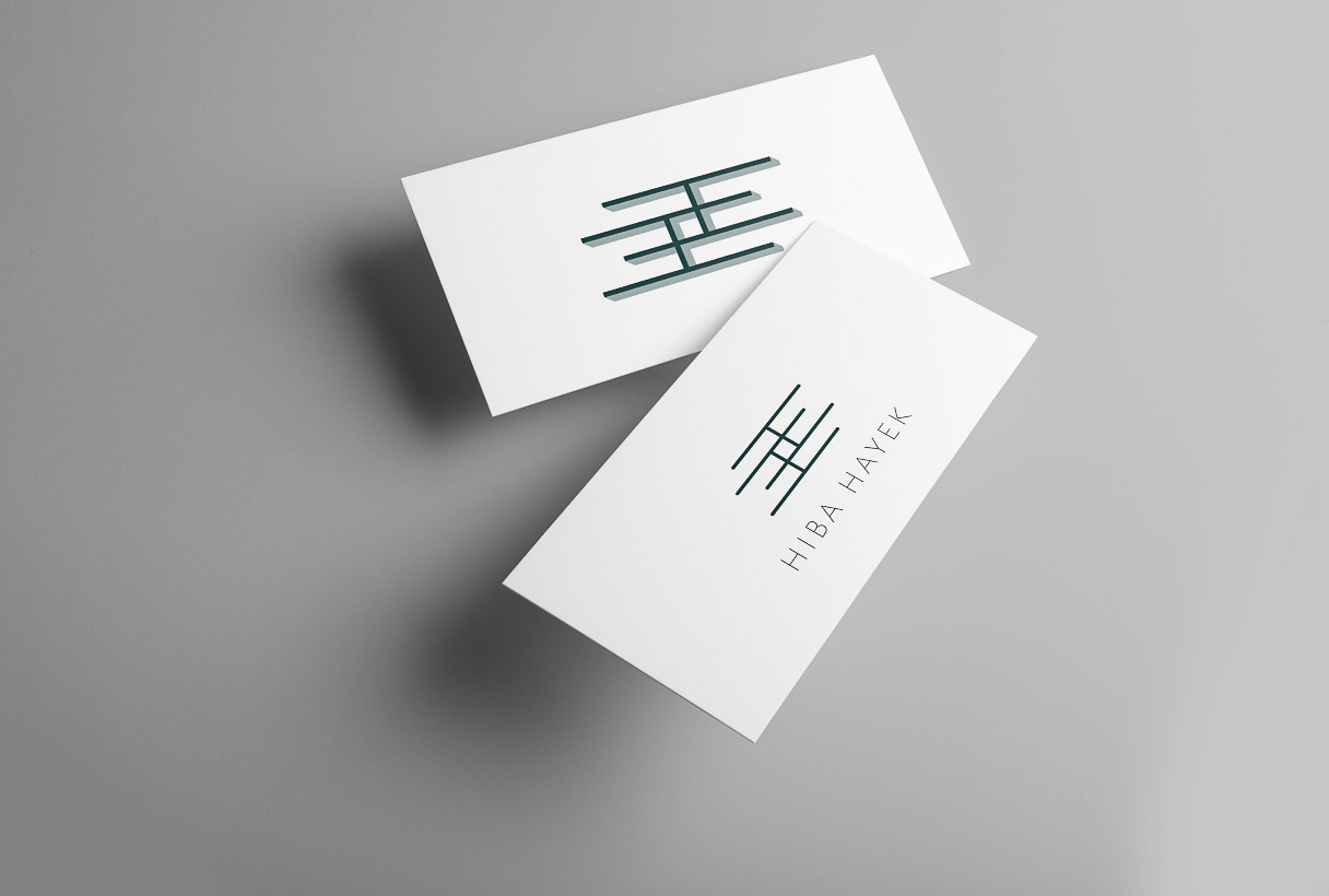 Hiba Hayek branding by Reform Digital, logo mockup on business cards