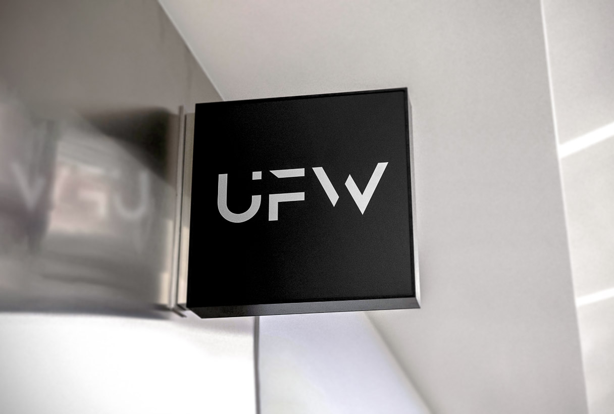 Unfolloworld branding by Reform Digital, logo mockup on shop signboard