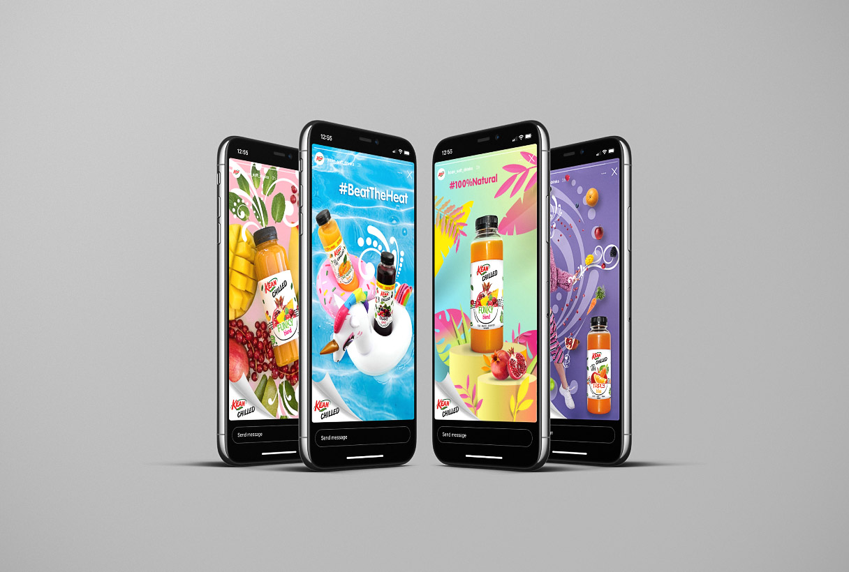 KEAN Soft Drinks social media marketing by Reform Digital, content mockup on 4 mobiles