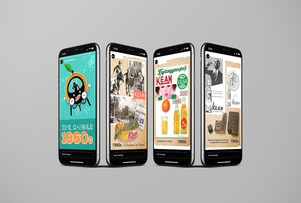 KEAN Soft Drinks social media marketing by Reform Digital, content mockup on 4 mobiles